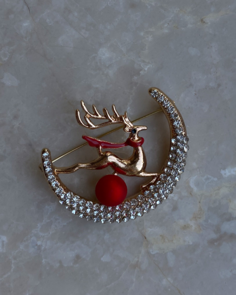 Yeni Yıl Kırmızı Toplu Geyik Broş