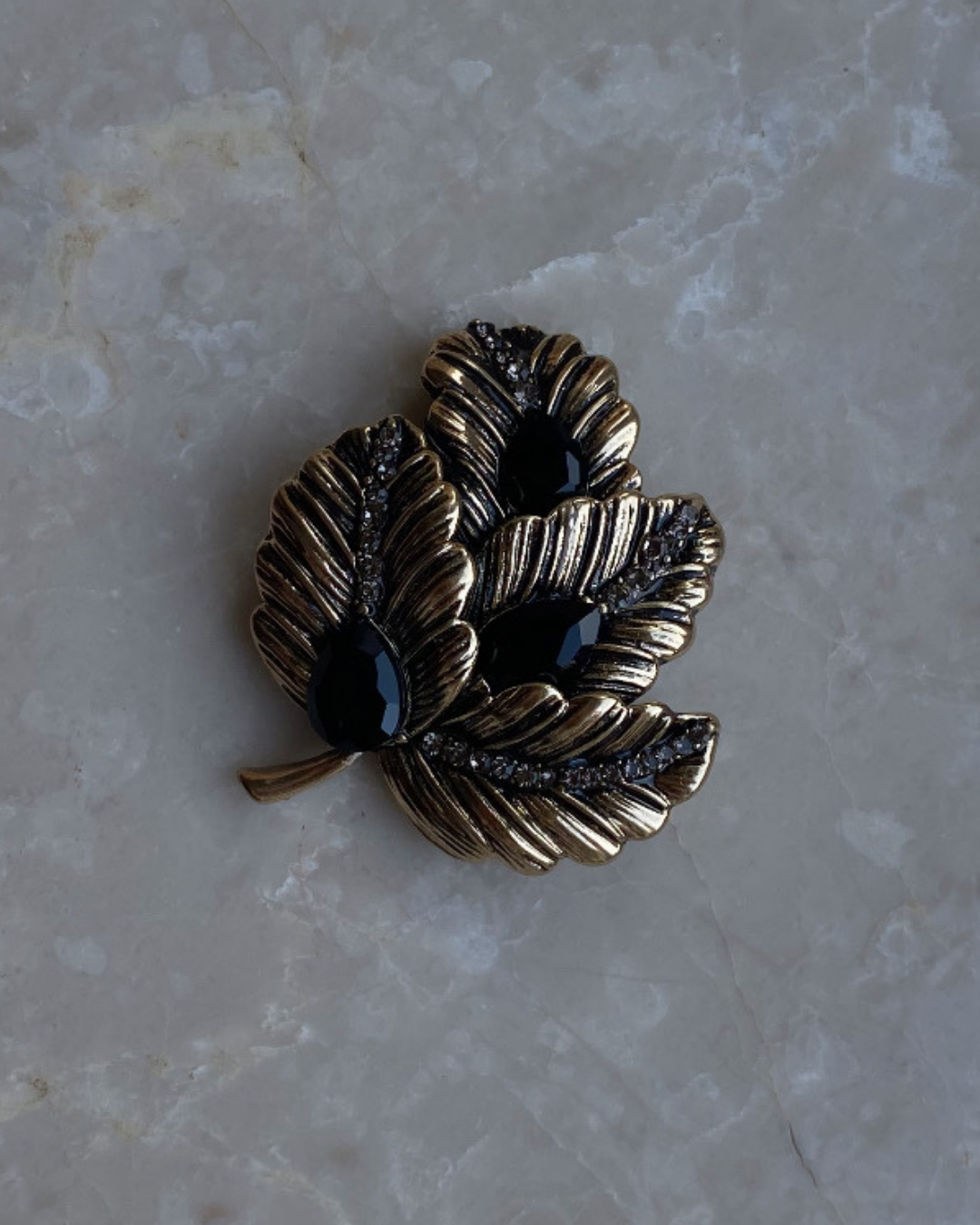 Siyah Taşlı Yaprak Broş