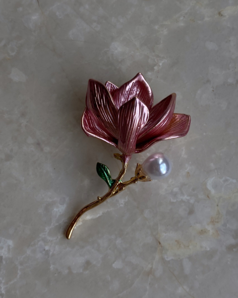 Pembe İncili Çiçek Broş