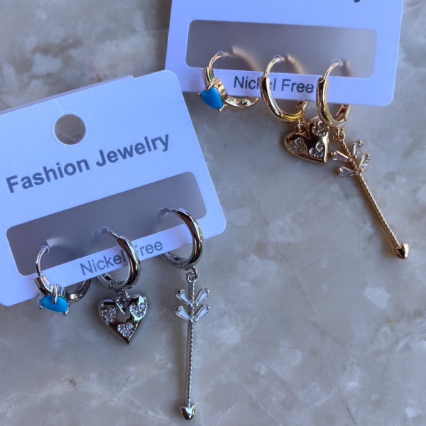 Altın Kaplama Mavi Taşlı Kalp Üçlü Set Küpe