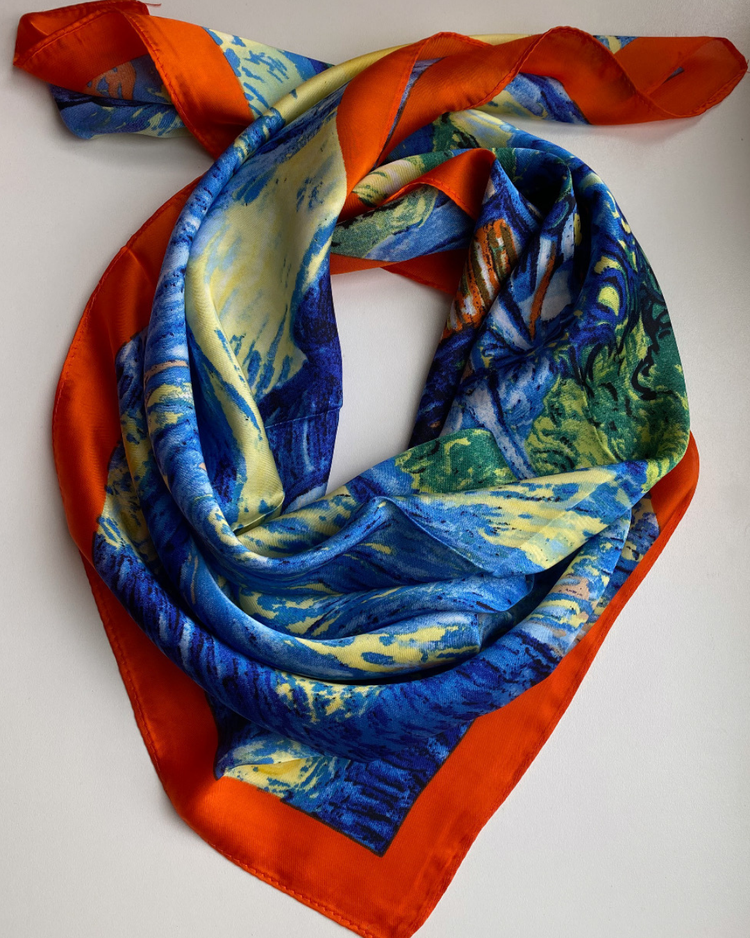 Mavi Turuncu Desenli İpek Saten Fular-70*70